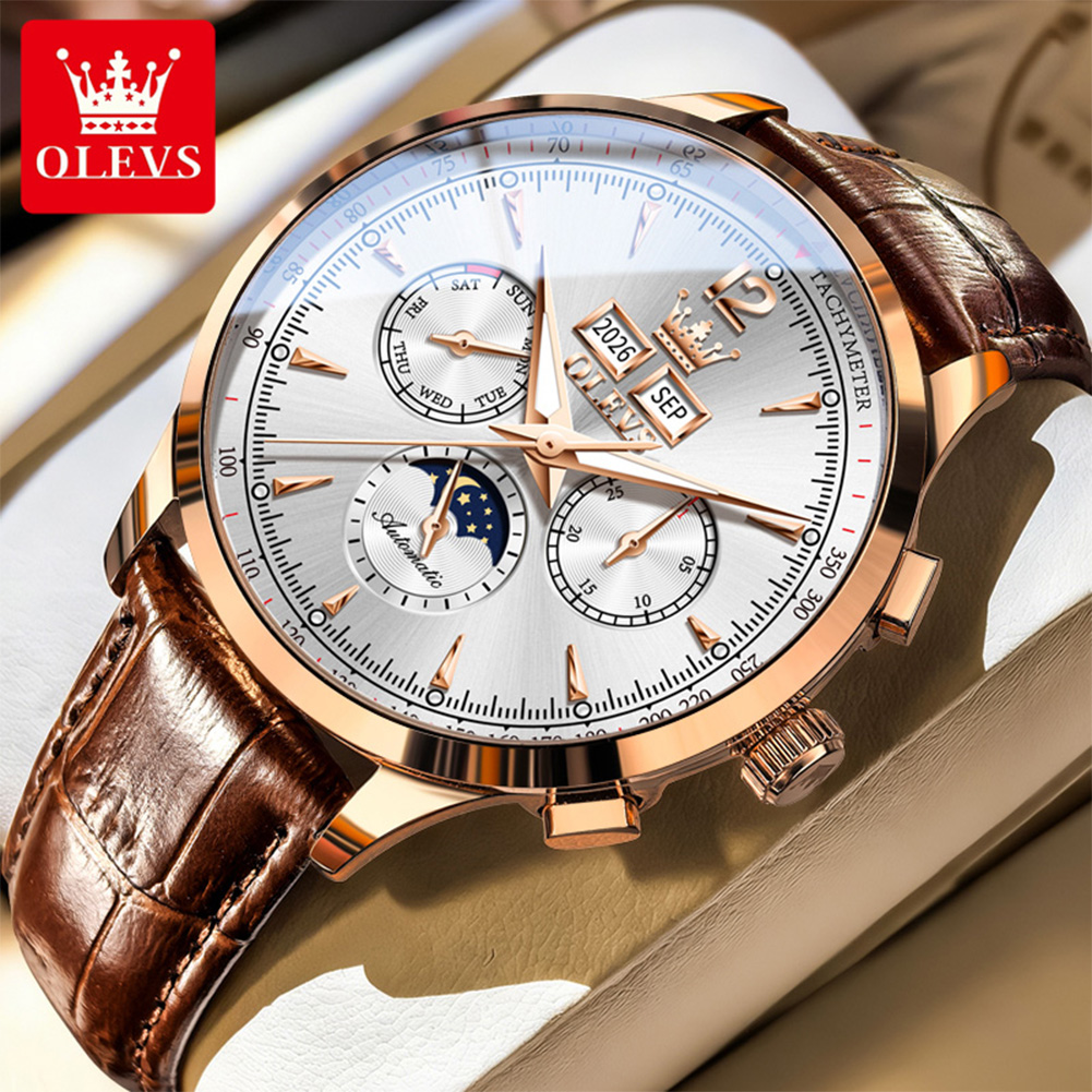 Chronograph Flyback Watch - OLEVS 7128 Mondphasen-Herrenuhr Modisches Lederarmband Ewiger