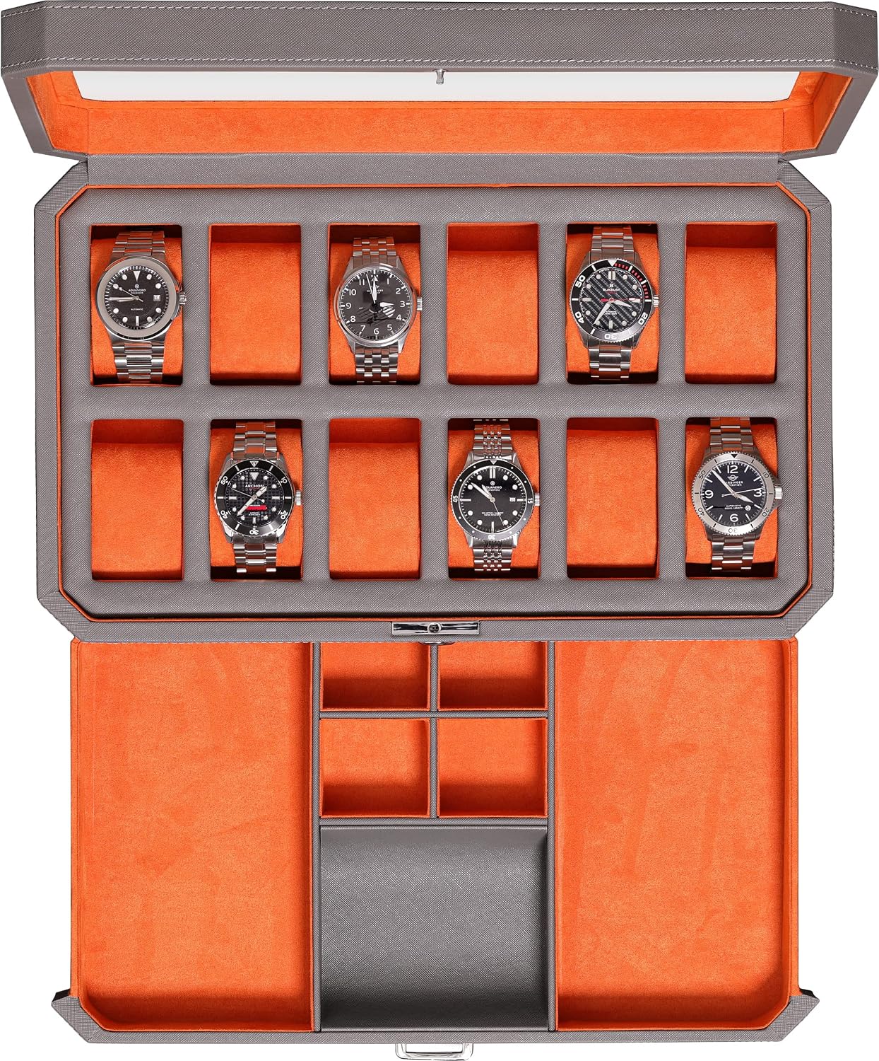 Luxury Watch Organizer - 12-Fach Leder-Uhrenbox mit Schublade - 12-Fach