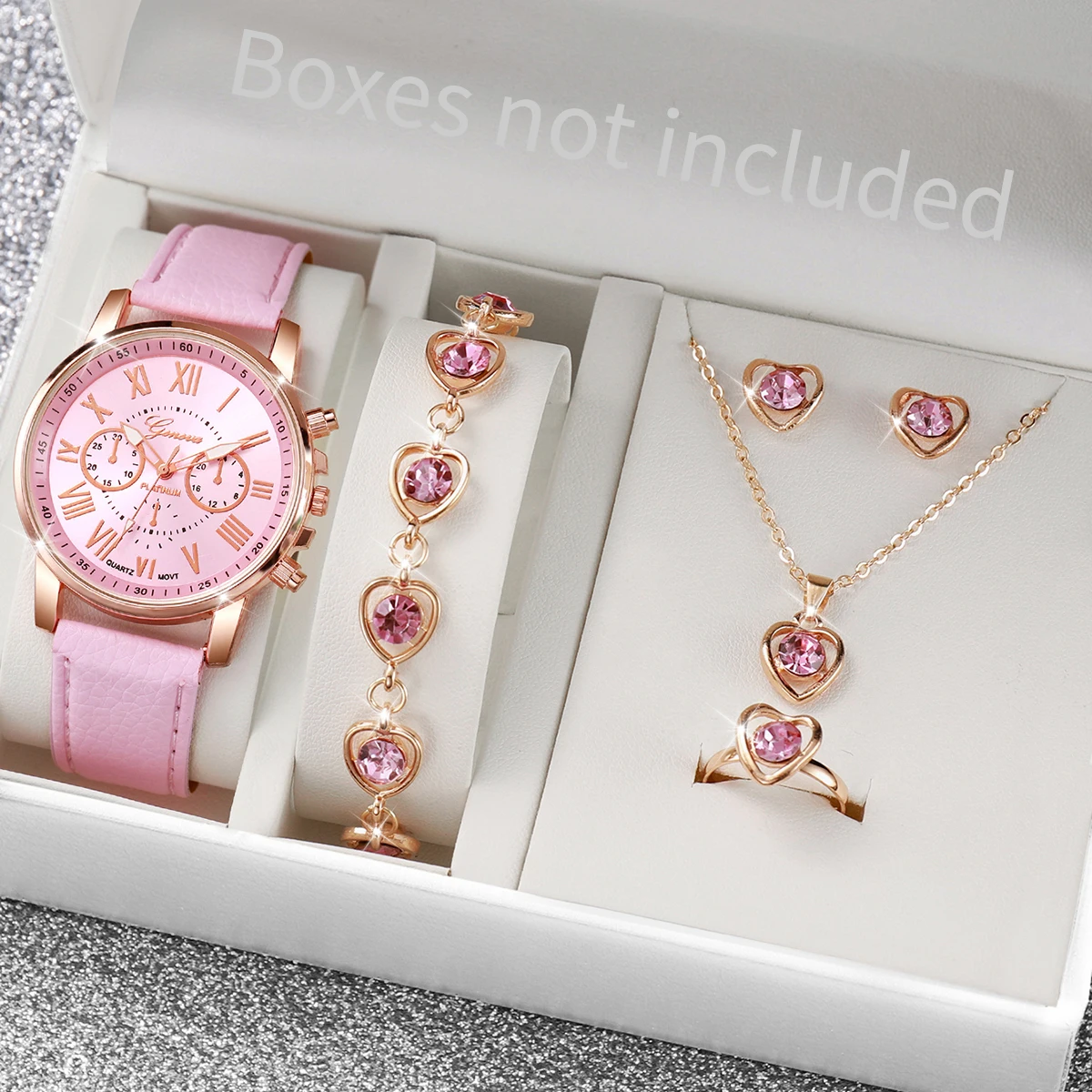 Open Heart Watch - AAA5-teiliges rosa Herz-Kristall-Uhren-Schmuckset für Damen, römisches