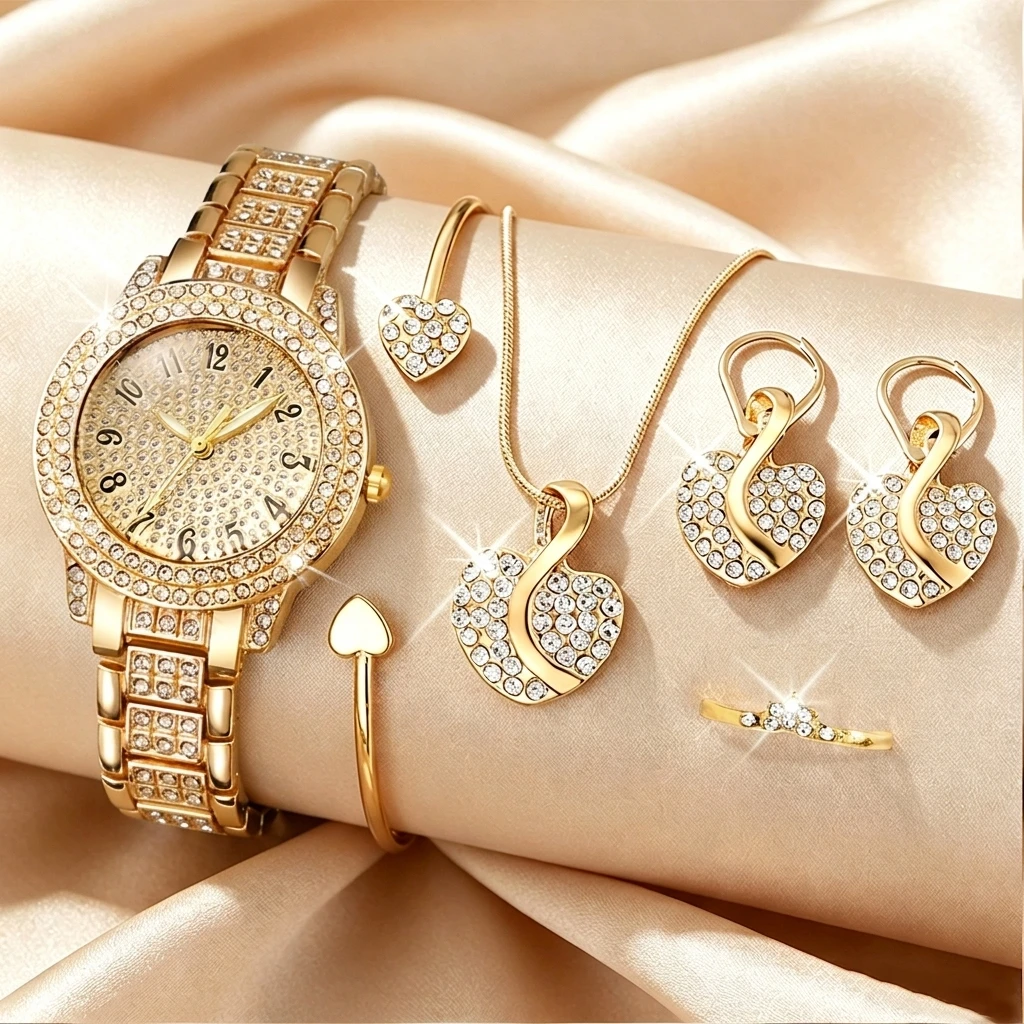 6-teiliges Modisches Strass-Uh – Open Heart Watch Bewertung und Preis